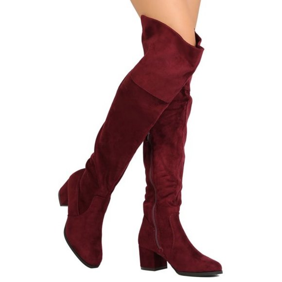 Refresh Almond Toe Vegan Suede Chunky Heel Burgundy Over The Knee Boots - Picture 3 of 3